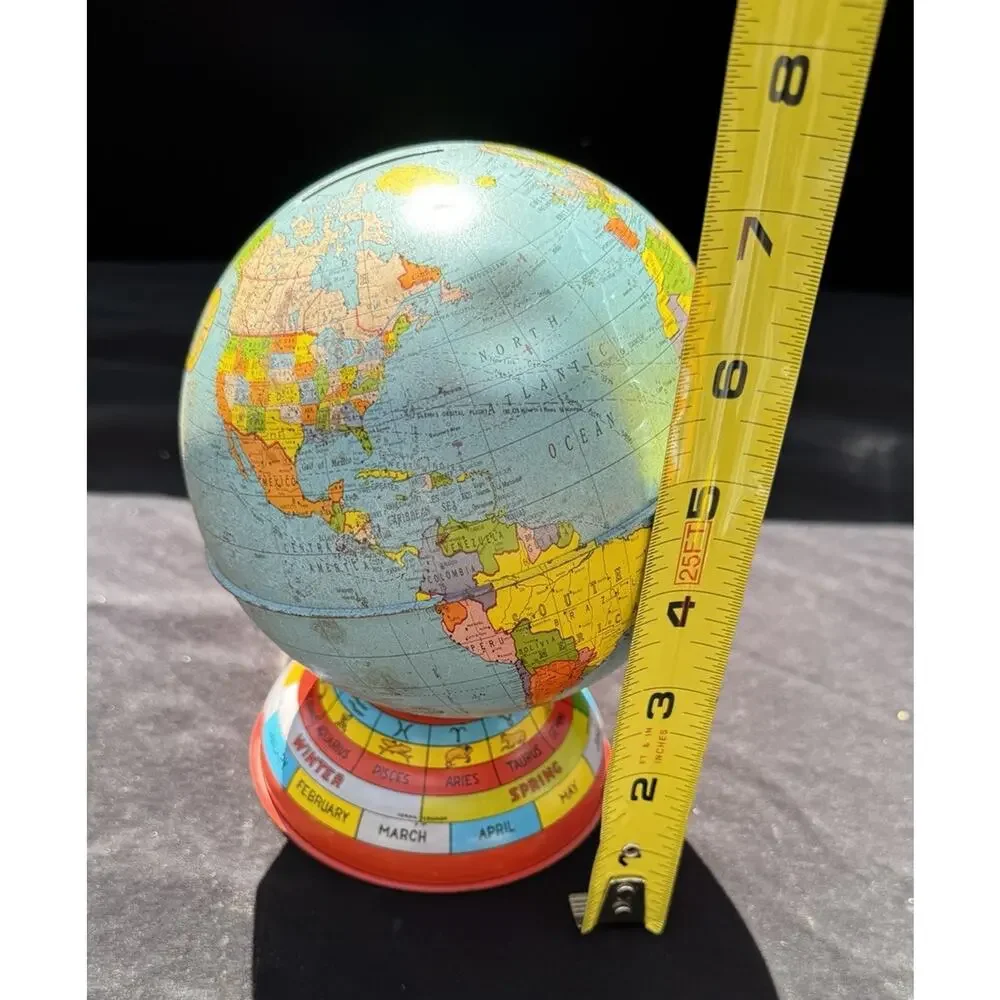Vintage Metal Globe Coin Bank By Ohio Art Co with Months Seasons Zodiac Signs